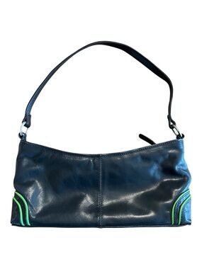 Y2K 90’s Black Leather Shoulder Bag with Neon Green Trim
